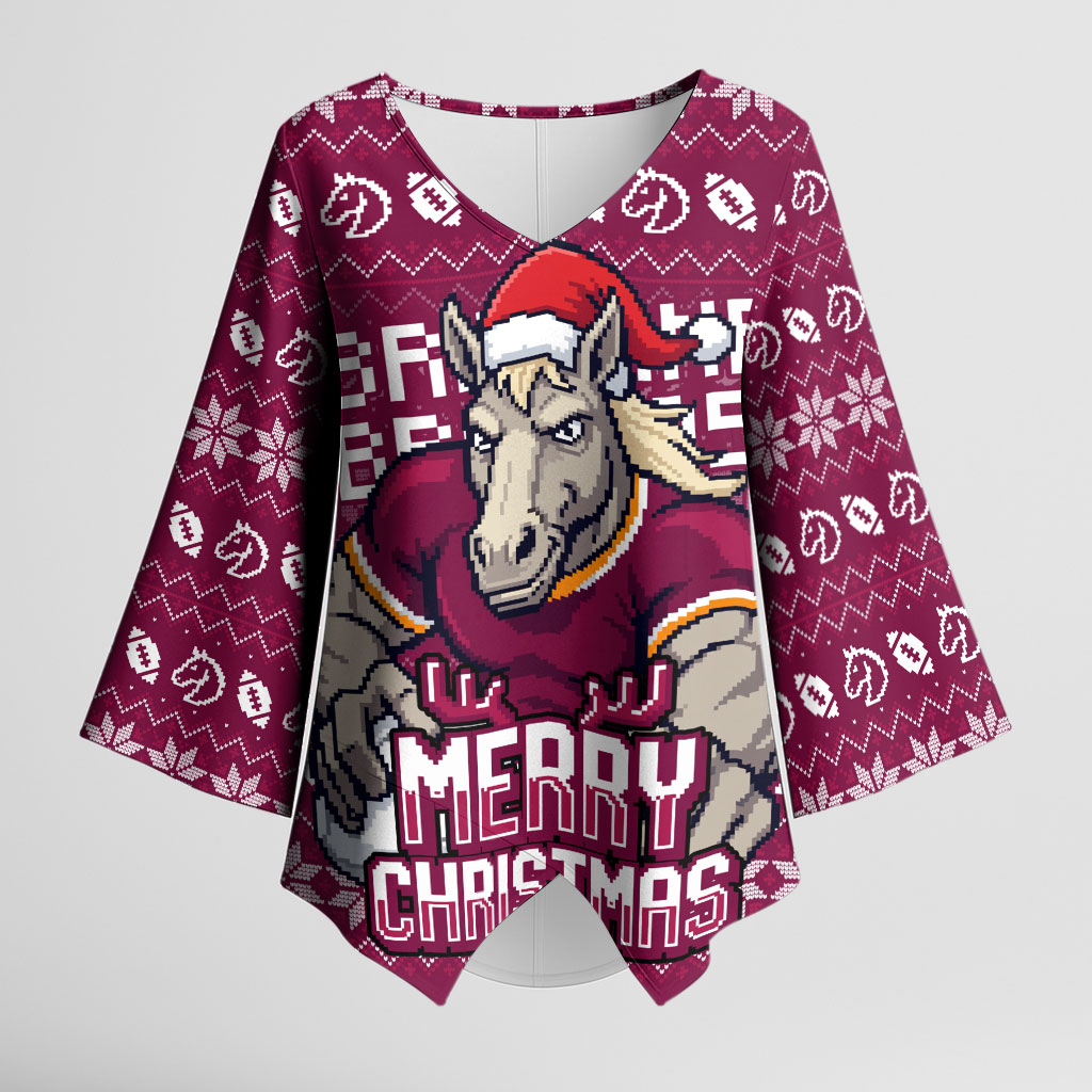 Personalized Brisbane Broncos Christmas Kimono Sleeve Blouse Australian Rugby Fans - Pixelated Ugly Xmas Pattern Mascot Santa