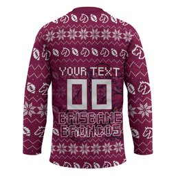 Personalized Brisbane Broncos Christmas Hockey Jersey Australian Rugby Fans - Pixelated Ugly Xmas Pattern Mascot Santa