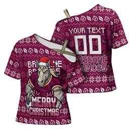 Personalized Brisbane Broncos Christmas Cross Shoulder Shirt Australian Rugby Fans - Pixelated Ugly Xmas Pattern Mascot Santa