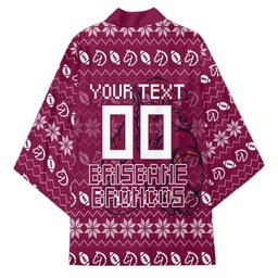 Personalized Brisbane Broncos Christmas Kimono Australian Rugby Fans - Pixelated Ugly Xmas Pattern Mascot Santa