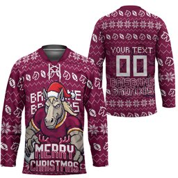 Personalized Brisbane Broncos Christmas Hockey Jersey Australian Rugby Fans - Pixelated Ugly Xmas Pattern Mascot Santa