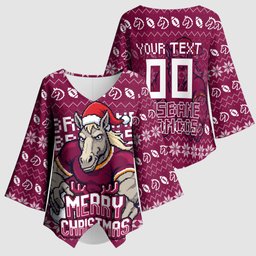 Personalized Brisbane Broncos Christmas Kimono Sleeve Blouse Australian Rugby Fans - Pixelated Ugly Xmas Pattern Mascot Santa