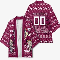 Personalized Brisbane Broncos Christmas Kimono Australian Rugby Fans - Pixelated Ugly Xmas Pattern Mascot Santa