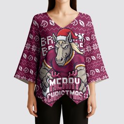 Personalized Brisbane Broncos Christmas Kimono Sleeve Blouse Australian Rugby Fans - Pixelated Ugly Xmas Pattern Mascot Santa