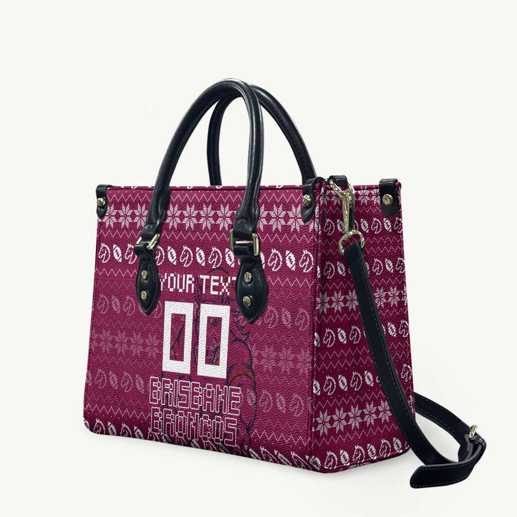 Personalized Brisbane Broncos Christmas Leather Bag Australian Rugby Fans - Pixelated Ugly Xmas Pattern Mascot Santa
