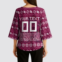 Personalized Brisbane Broncos Christmas Kimono Sleeve Blouse Australian Rugby Fans - Pixelated Ugly Xmas Pattern Mascot Santa