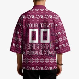 Personalized Brisbane Broncos Christmas Kimono Australian Rugby Fans - Pixelated Ugly Xmas Pattern Mascot Santa