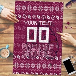 Personalized Brisbane Broncos Christmas Puzzle Australian Rugby Fans - Pixelated Ugly Xmas Pattern Mascot Santa