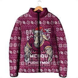 Personalized Brisbane Broncos Christmas Padded Jacket Australian Rugby Fans - Pixelated Ugly Xmas Pattern Mascot Santa