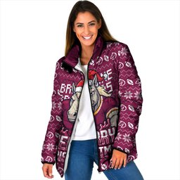 Personalized Brisbane Broncos Christmas Padded Jacket Australian Rugby Fans - Pixelated Ugly Xmas Pattern Mascot Santa