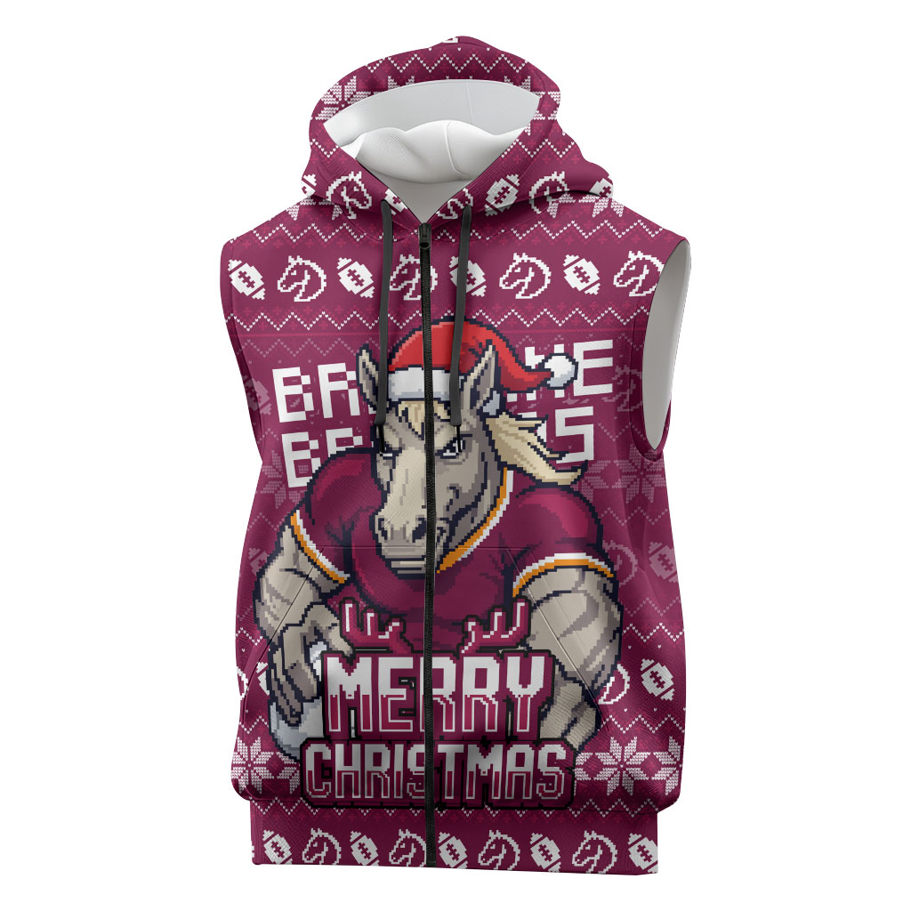 Personalized Brisbane Broncos Christmas Sleeveless Zip Hoodie Australian Rugby Fans - Pixelated Ugly Xmas Pattern Mascot Santa