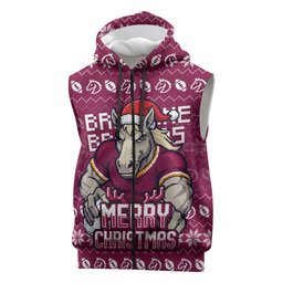 Personalized Brisbane Broncos Christmas Sleeveless Zip Hoodie Australian Rugby Fans - Pixelated Ugly Xmas Pattern Mascot Santa