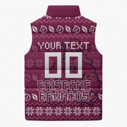 Personalized Brisbane Broncos Christmas Sleeveless Puffer Jacket Australian Rugby Fans - Pixelated Ugly Xmas Pattern Mascot Santa