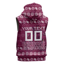 Personalized Brisbane Broncos Christmas Sleeveless Zip Hoodie Australian Rugby Fans - Pixelated Ugly Xmas Pattern Mascot Santa