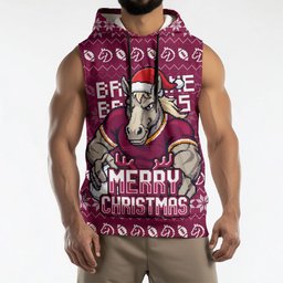 Personalized Brisbane Broncos Christmas Sleeveless Hoodie Australian Rugby Fans - Pixelated Ugly Xmas Pattern Mascot Santa