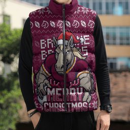 Personalized Brisbane Broncos Christmas Sleeveless Puffer Jacket Australian Rugby Fans - Pixelated Ugly Xmas Pattern Mascot Santa