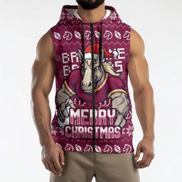 Personalized Brisbane Broncos Christmas Sleeveless Zip Hoodie Australian Rugby Fans - Pixelated Ugly Xmas Pattern Mascot Santa