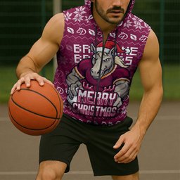 Personalized Brisbane Broncos Christmas Sleeveless Zip Hoodie Australian Rugby Fans - Pixelated Ugly Xmas Pattern Mascot Santa