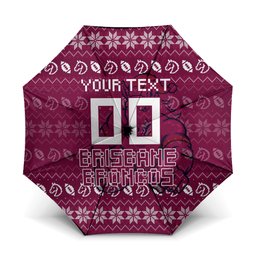Personalized Brisbane Broncos Christmas Umbrella Australian Rugby Fans - Pixelated Ugly Xmas Pattern Mascot Santa