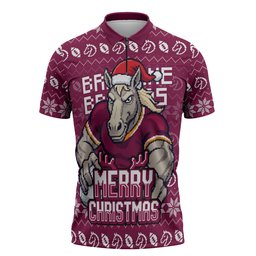 Personalized Brisbane Broncos Christmas Zipper Polo Shirt Australian Rugby Fans - Pixelated Ugly Xmas Pattern Mascot Santa