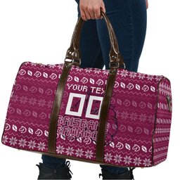 Personalized Brisbane Broncos Christmas Travel Bag Australian Rugby Fans - Pixelated Ugly Xmas Pattern Mascot Santa