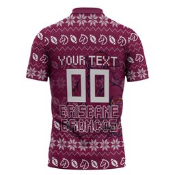 Personalized Brisbane Broncos Christmas Zipper Polo Shirt Australian Rugby Fans - Pixelated Ugly Xmas Pattern Mascot Santa