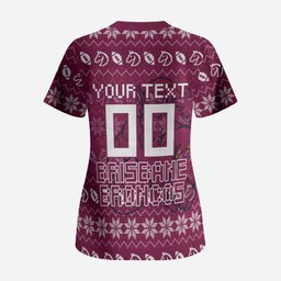 Personalized Brisbane Broncos Christmas Scrub Top Australian Rugby Fans - Pixelated Ugly Xmas Pattern Mascot Santa