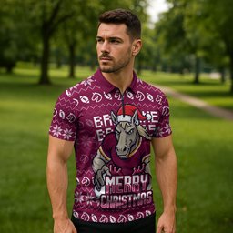 Personalized Brisbane Broncos Christmas Zipper Polo Shirt Australian Rugby Fans - Pixelated Ugly Xmas Pattern Mascot Santa