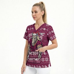 Personalized Brisbane Broncos Christmas Scrub Top Australian Rugby Fans - Pixelated Ugly Xmas Pattern Mascot Santa