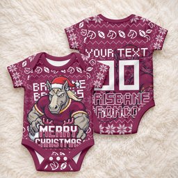 Personalized Brisbane Broncos Christmas Baby Onesie Australian Rugby Fans - Pixelated Ugly Xmas Pattern Mascot Santa