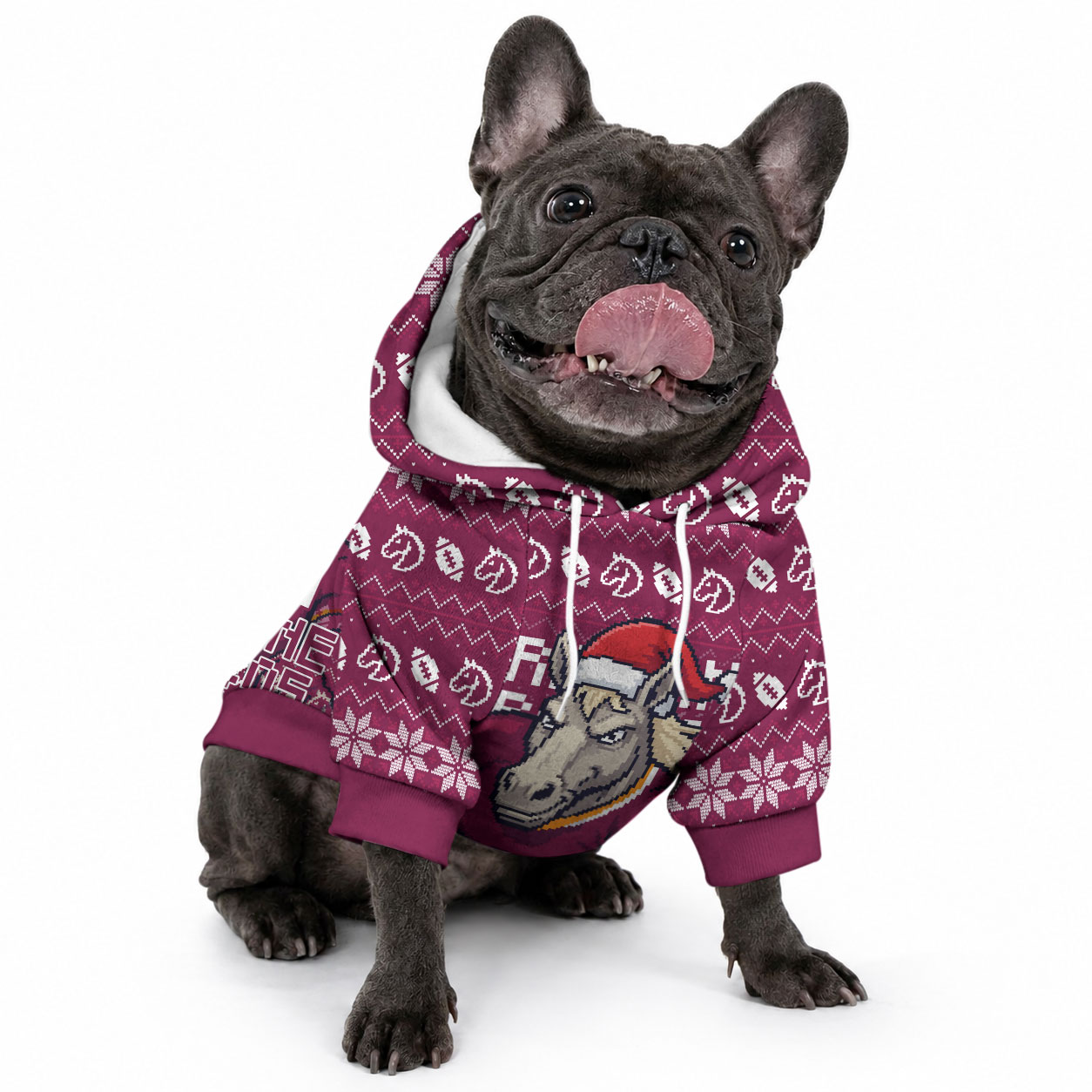 Personalized Brisbane Broncos Christmas Pet Hoodie Australian Rugby Fans - Pixelated Ugly Xmas Pattern Mascot Santa