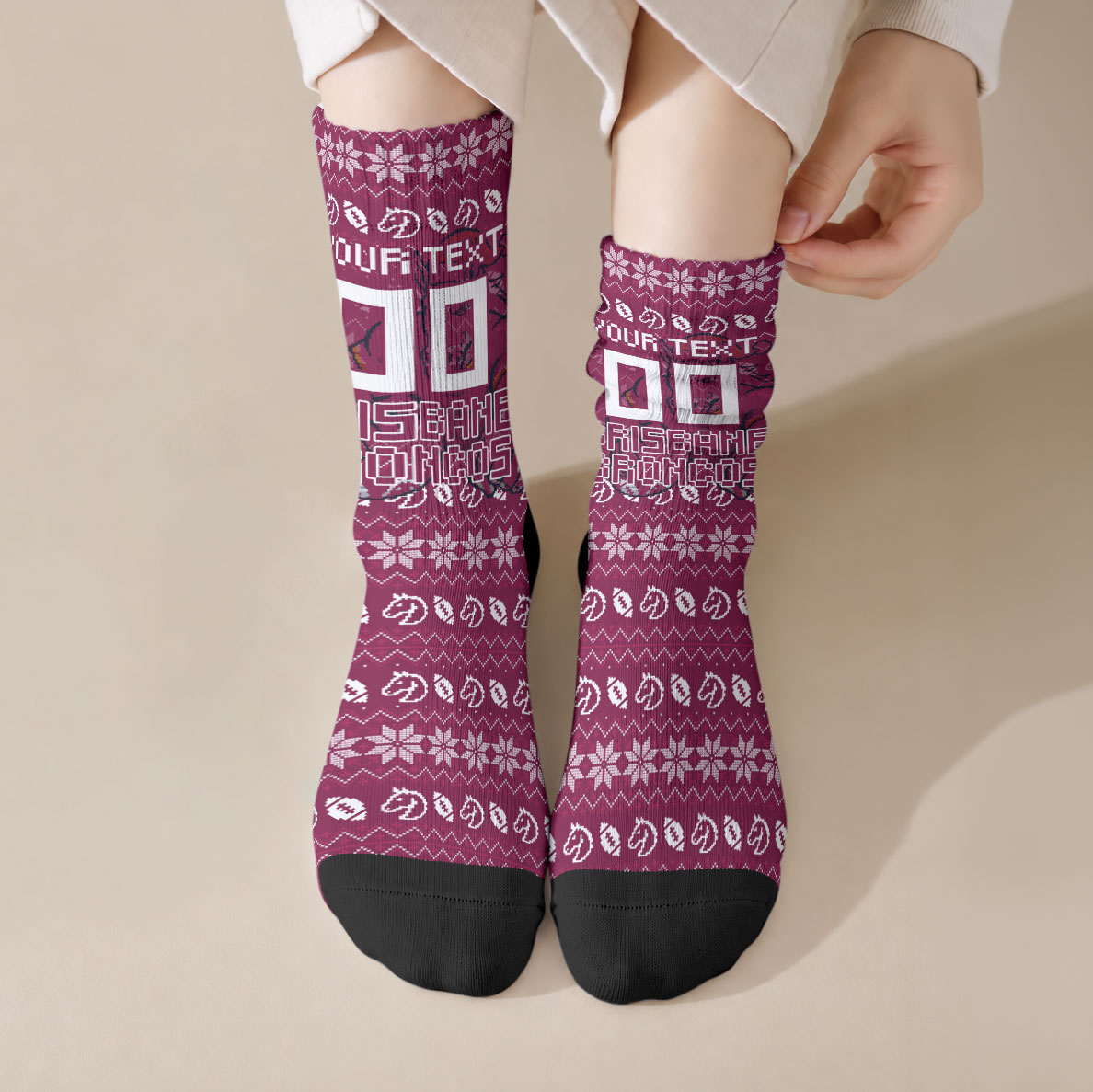 Personalized Brisbane Broncos Christmas Crew Socks Australian Rugby Fans - Pixelated Ugly Xmas Pattern Mascot Santa