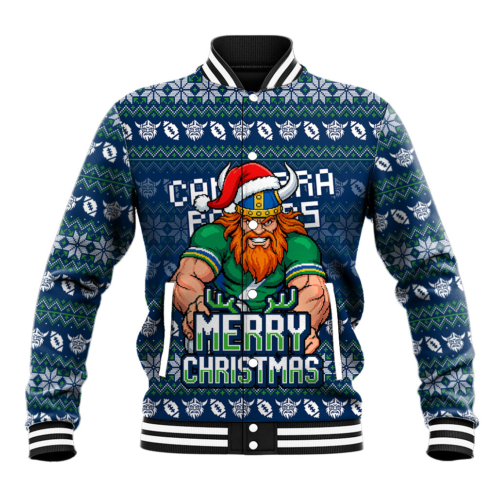 Personalized Canberra Raiders Christmas Baseball Jacket Australian Rugby Fans - Pixelated Ugly Xmas Pattern Mascot Santa