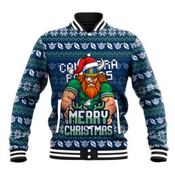 Personalized Canberra Raiders Christmas Baseball Jacket Australian Rugby Fans - Pixelated Ugly Xmas Pattern Mascot Santa