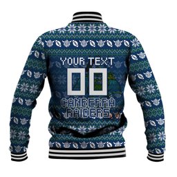 Personalized Canberra Raiders Christmas Baseball Jacket Australian Rugby Fans - Pixelated Ugly Xmas Pattern Mascot Santa