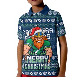 Personalized Canberra Raiders Christmas Kid Polo Shirt Australian Rugby Fans - Pixelated Ugly Xmas Pattern Mascot Santa