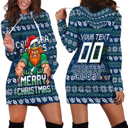 Personalized Canberra Raiders Christmas Hoodie Dress Australian Rugby Fans - Pixelated Ugly Xmas Pattern Mascot Santa