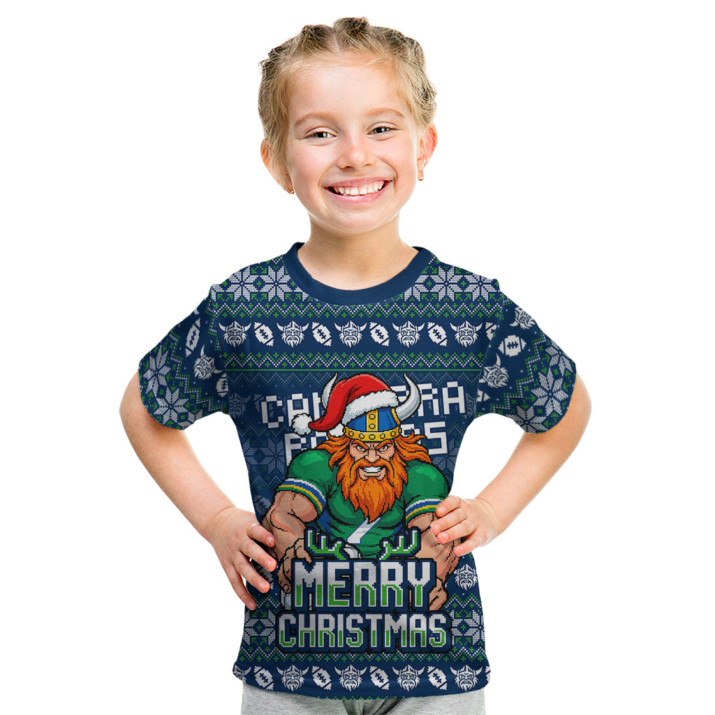 Personalized Canberra Raiders Christmas Kid T Shirt Australian Rugby Fans - Pixelated Ugly Xmas Pattern Mascot Santa