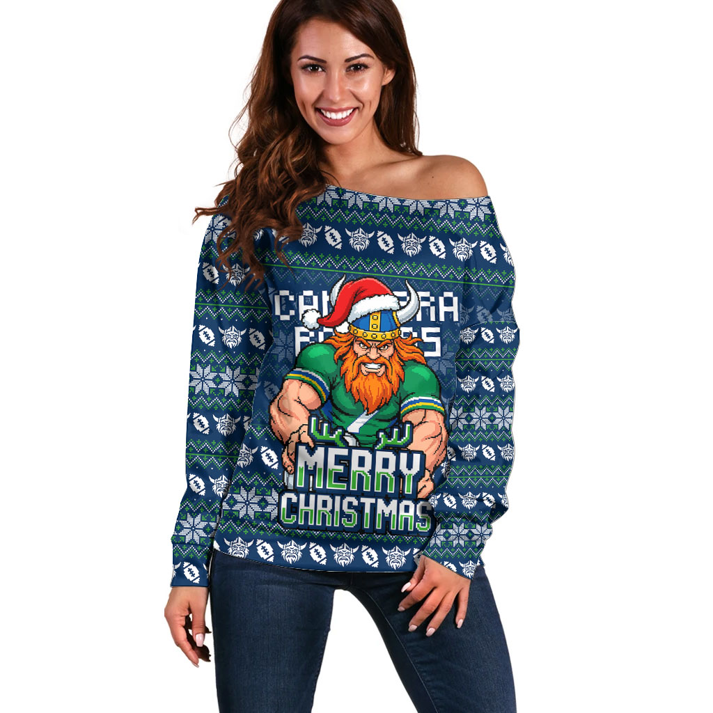 Personalized Canberra Raiders Christmas Off Shoulder Sweater Australian Rugby Fans - Pixelated Ugly Xmas Pattern Mascot Santa