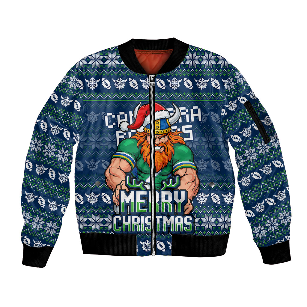 Personalized Canberra Raiders Christmas Sleeve Zip Bomber Jacket Australian Rugby Fans - Pixelated Ugly Xmas Pattern Mascot Santa