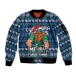 Personalized Canberra Raiders Christmas Sleeve Zip Bomber Jacket Australian Rugby Fans - Pixelated Ugly Xmas Pattern Mascot Santa