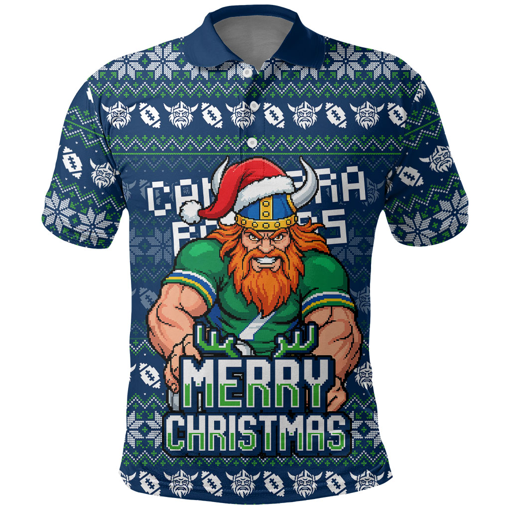 Personalized Canberra Raiders Christmas Polo Shirt Australian Rugby Fans - Pixelated Ugly Xmas Pattern Mascot Santa
