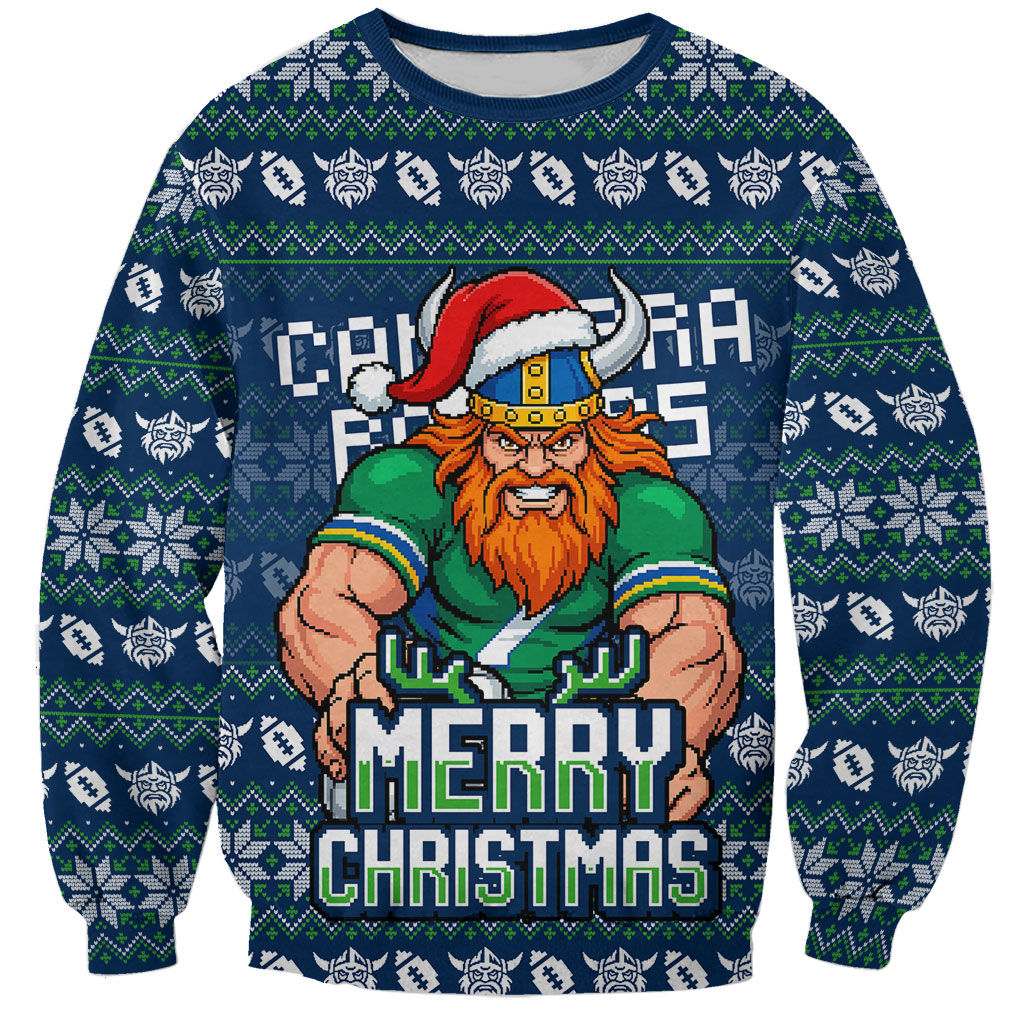 Personalized Canberra Raiders Christmas Sweatshirt Australian Rugby Fans - Pixelated Ugly Xmas Pattern Mascot Santa