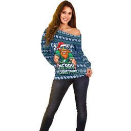 Personalized Canberra Raiders Christmas Off Shoulder Sweater Australian Rugby Fans - Pixelated Ugly Xmas Pattern Mascot Santa