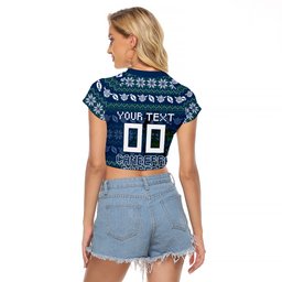 Personalized Canberra Raiders Christmas Raglan Cropped T Shirt Australian Rugby Fans - Pixelated Ugly Xmas Pattern Mascot Santa