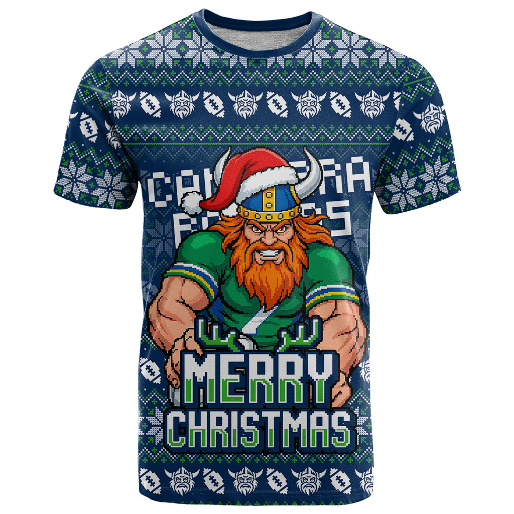 Personalized Canberra Raiders Christmas T Shirt Australian Rugby Fans - Pixelated Ugly Xmas Pattern Mascot Santa