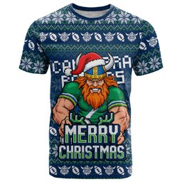 Personalized Canberra Raiders Christmas T Shirt Australian Rugby Fans - Pixelated Ugly Xmas Pattern Mascot Santa