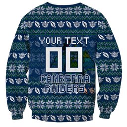 Personalized Canberra Raiders Christmas Sweatshirt Australian Rugby Fans - Pixelated Ugly Xmas Pattern Mascot Santa