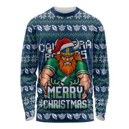 Personalized Canberra Raiders Christmas Long Sleeve Shirt Australian Rugby Fans - Pixelated Ugly Xmas Pattern Mascot Santa
