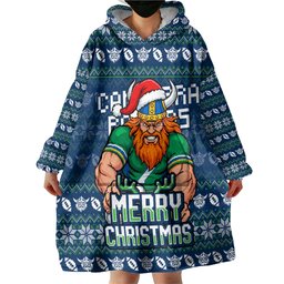 Personalized Canberra Raiders Christmas Wearable Blanket Hoodie Australian Rugby Fans - Pixelated Ugly Xmas Pattern Mascot Santa
